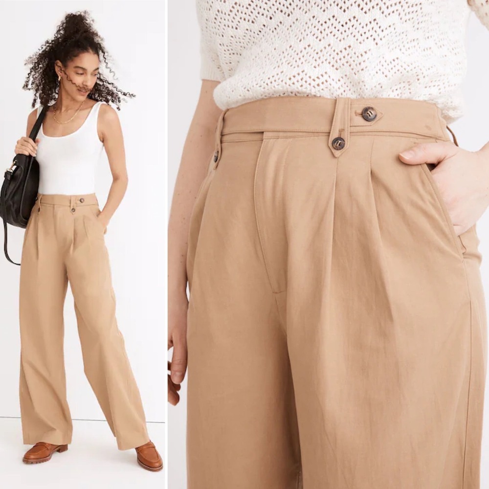 Madewell Harlow Wide Leg Pleated Trousers 14 Tan Khaki Linen Blend Pants Flowy - Picture 10 of 10